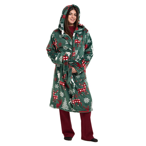 Snuggs Blanket Robe Green Deer Christmas